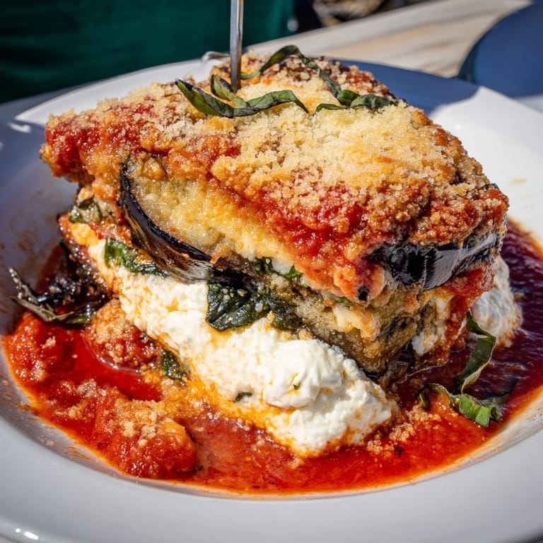 A slice of comforting Cheesy Ricotta Eggplant Lasagna with fresh basil, ready to serve.