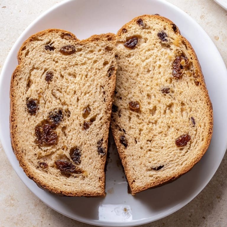 Close-up of sliced Protein Cinnamon Raisin Bread, showcasing soft texture and plump raisins.