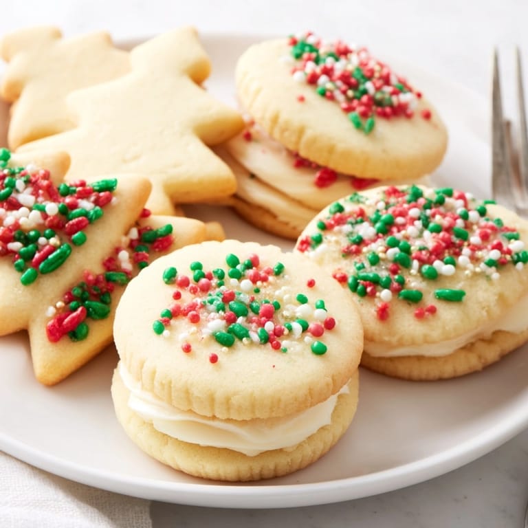 Homemade Festive Christmas Cookie Sandwiches filled with sweet cream, holiday sprinkles, and warm vanilla scent.