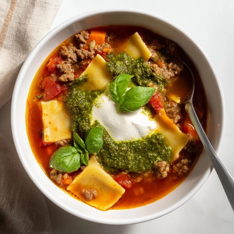 Delicious Lasagne Soup with Pesto Drizzle; a comforting, cheesy, saucy Italian meal.