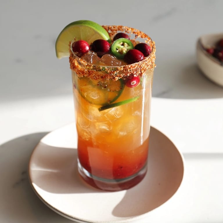 Vibrant red Spicy Thanksgiving Mocktail Margarita: Enjoy a balanced sweet, spicy autumn treat.
