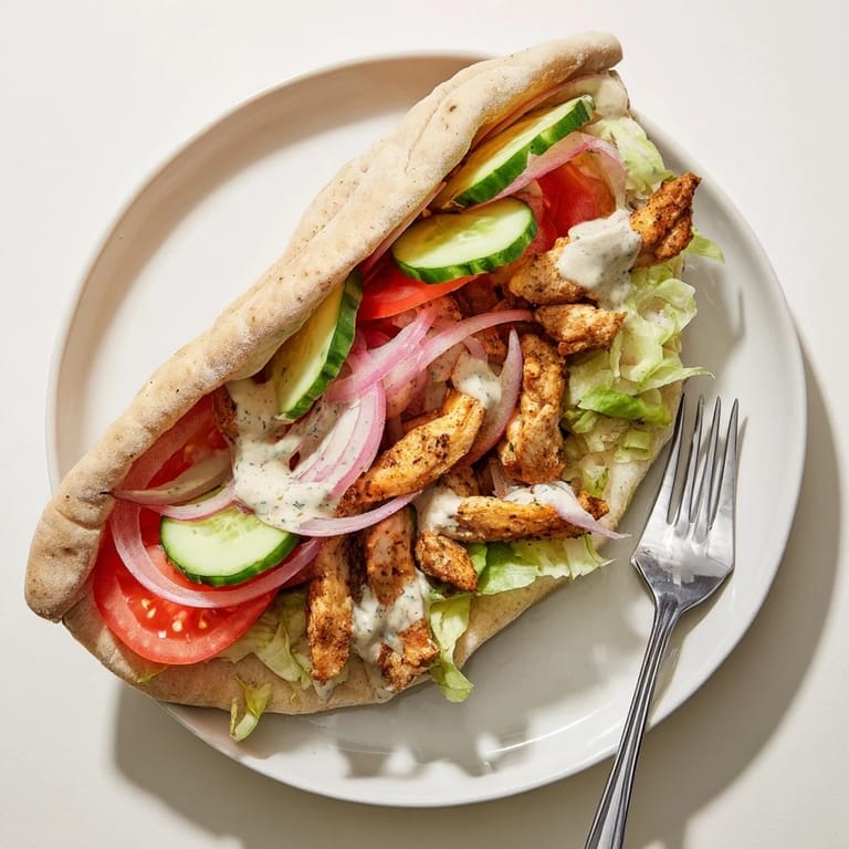 Tender grilled Garlic Ranch Chicken Pita Sandwich served warm, bursting with fresh flavors.  