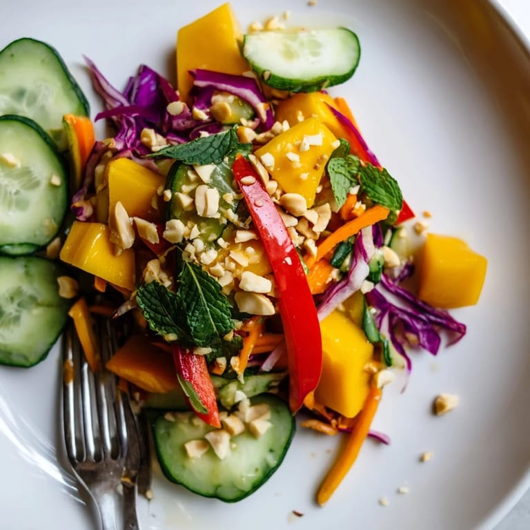Satisfying Thai Peanut Mango Veggie Salad topped with crunchy roasted peanuts and herbs.
