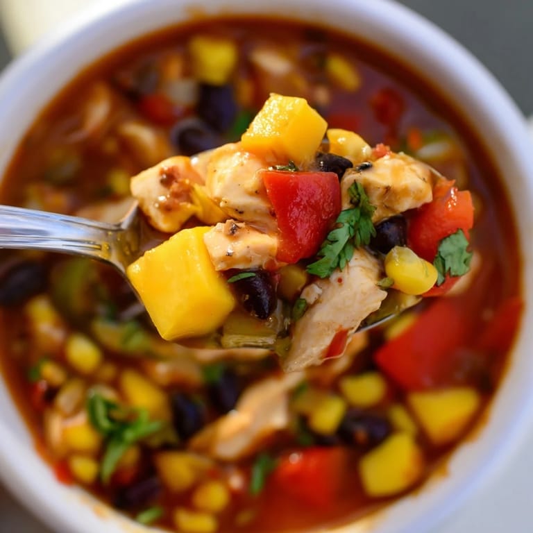 Delicious Mango Southwest Chicken Chili served hot, perfect for a cozy dinner.