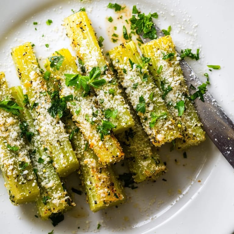 Delicious garlic Parmesan celery sticks garnished with parsley for extra flavor.