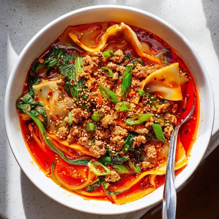 A steaming bowl of Spicy Ramen-Inspired Lasagne Soup, perfect for chilly evenings.  