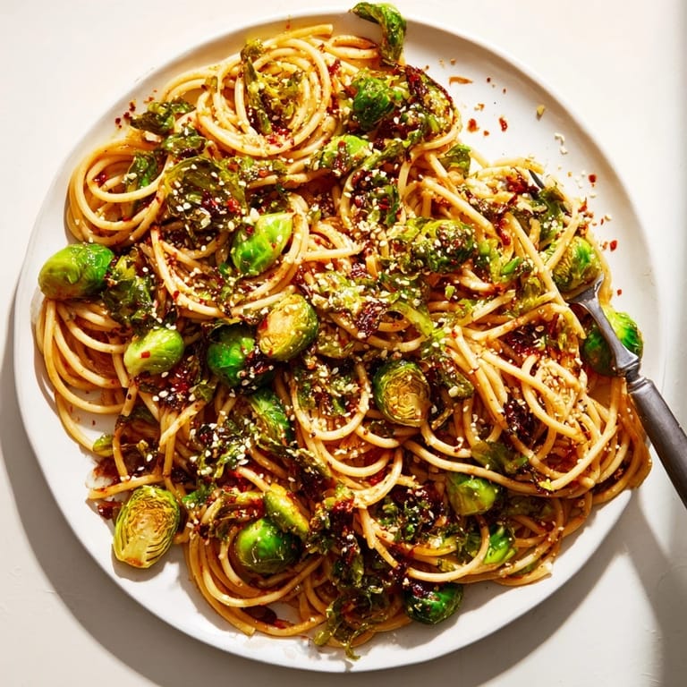 Delicious pasta dish featuring caramelized Brussels sprouts drizzled with sweet maple-soy glaze.  