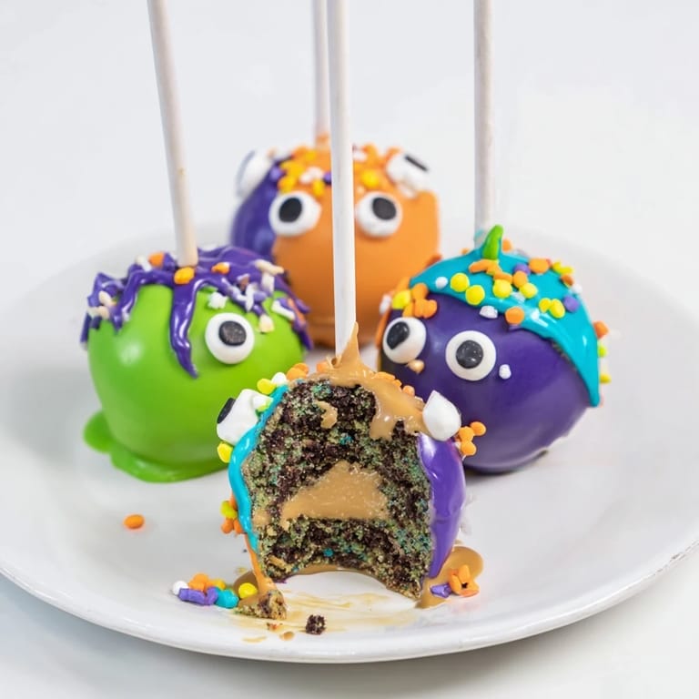 Deliciously fun salted caramel monster cake pops, perfect for festive gatherings and treats.