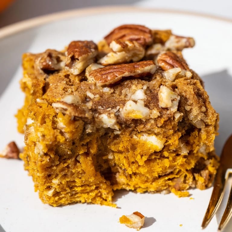 Savor rich Maple Bourbon Pumpkin Blondies topped with creamy vanilla ice cream delight.  