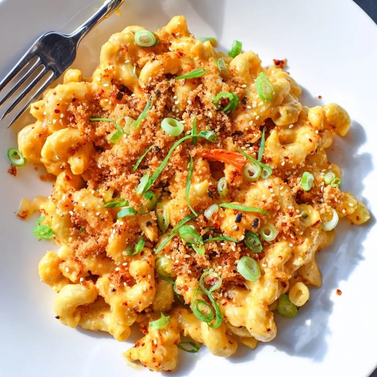Baked Spicy Kimchi Mac & Cheese, a fusion delight with a golden panko crust.