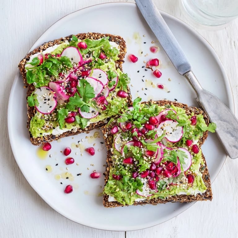 Freshly made Bright & Bold Breakfast Toasts with radishes, pomegranate, and herbs for added crunch.
