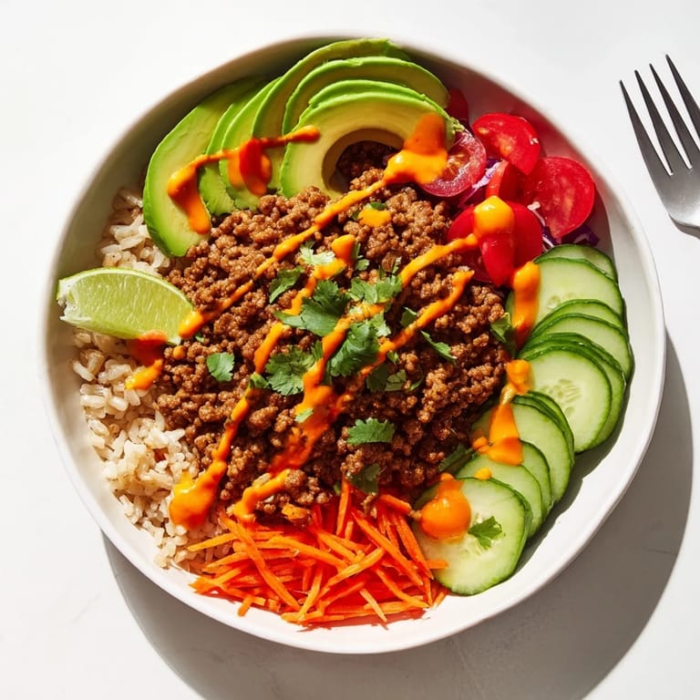 Colorful plant-based meat bowl drizzled with spicy mayo, perfect for a satisfying meal.