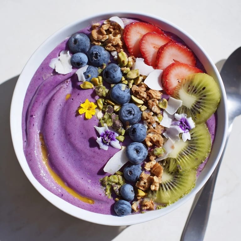 Delightful breakfast smoothie bowls, blending purple yam, bananas, and fresh berries.