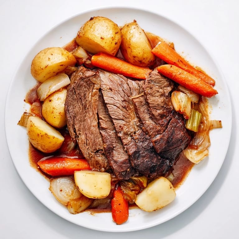 A hearty Sunday Pot Roast served with vibrant vegetables and savory beef broth.  