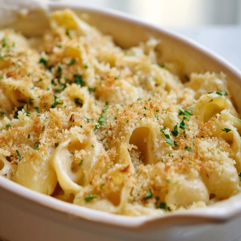 Decadent Truffle Macaroni & Cheese drizzled with oil, featuring a cheesy, rich texture.  