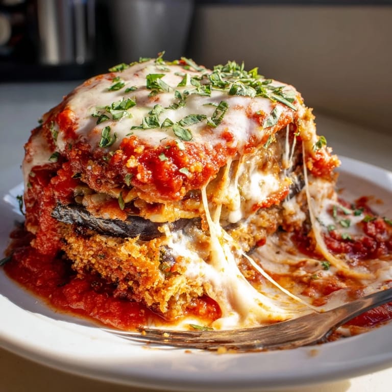 Hearty, comforting Eggplant Parmesan Lasagna garnished with fresh basil and bubbling mozzarella.  
