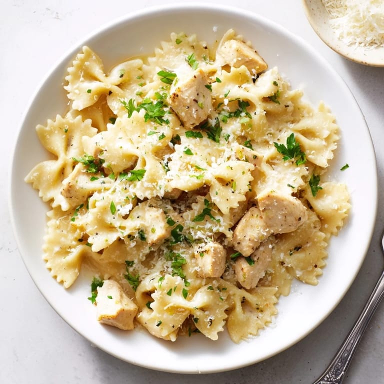Deliciously creamy Mozzarella Garlic Butter Chicken Bowties garnished with herbs and melted cheese.  