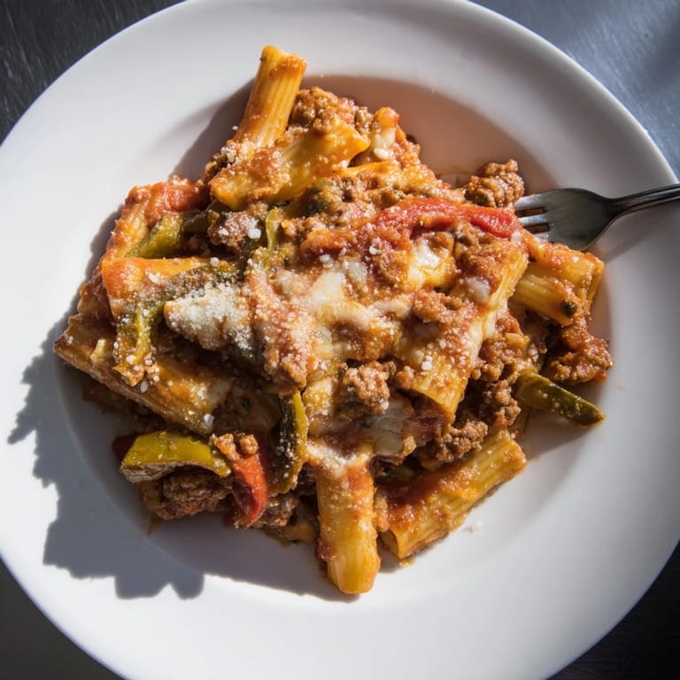 Comforting baked rigatoni with sausage & peppers, fresh herbs, and a rich tomato sauce.