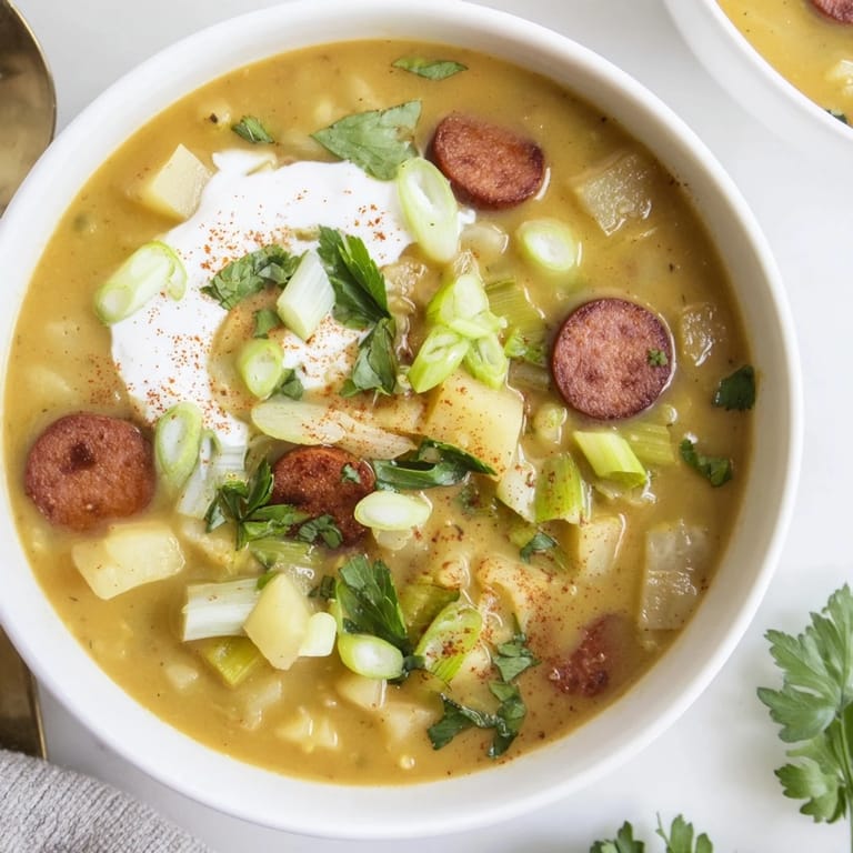 Hearty Potato, Leek & Chorizo Soup with vibrant colors, ready for a cozy meal.