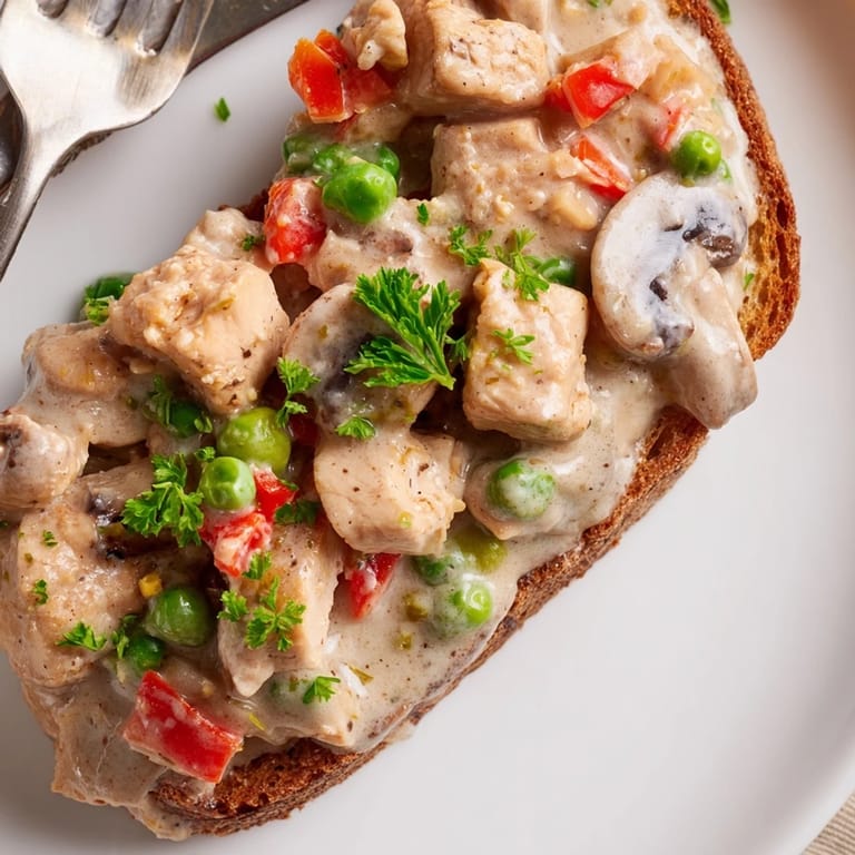 Flavorful chicken à la king dish topped with sautéed mushrooms and vibrant peppers.  