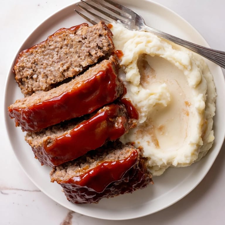 Hearty classic meatloaf served with buttery mashed potatoes, ideal for comforting weeknight meals.  