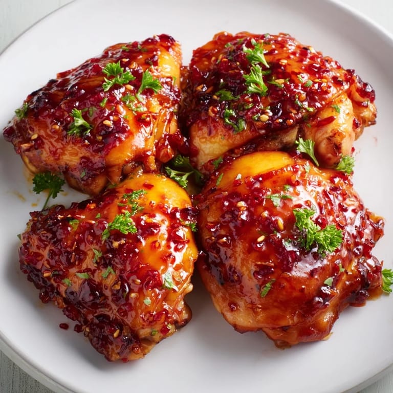 Tender Sweet & Spicy Peach Glazed Chicken Thighs served with grilled corn and rice.