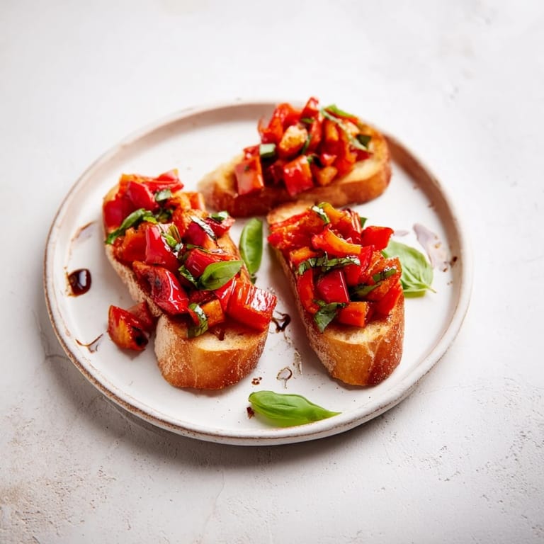 Smoky fire-roasted tomato and pepper bruschetta garnished with fresh basil leaves.  