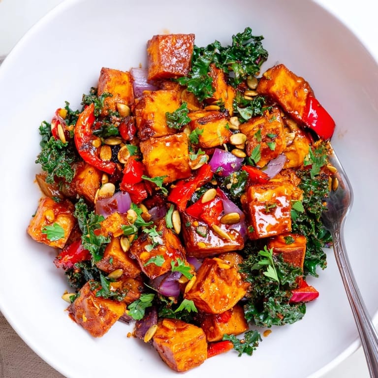 Hearty maple glazed sweet potato and kale hash garnished with seeds for crunch.