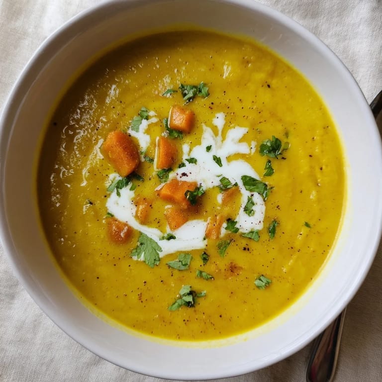 Golden-hued turmeric and honey roasted carrot soup, perfect for a cozy autumn meal.