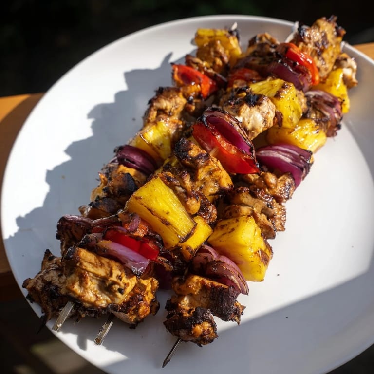 Savory Grilled Pineapple & Jerk Chicken Skewers sizzling on the grill, inviting and colorful.