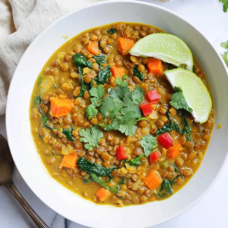 Comforting Coconut Curry Lentil Stew with Spinach, perfect for cozy nights and warm meals.