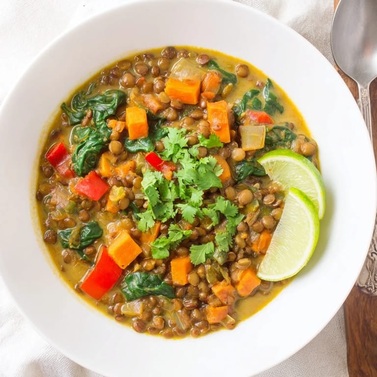 Rich Coconut Curry Lentil Stew with Spinach sits garnished with fresh cilantro and lime.  