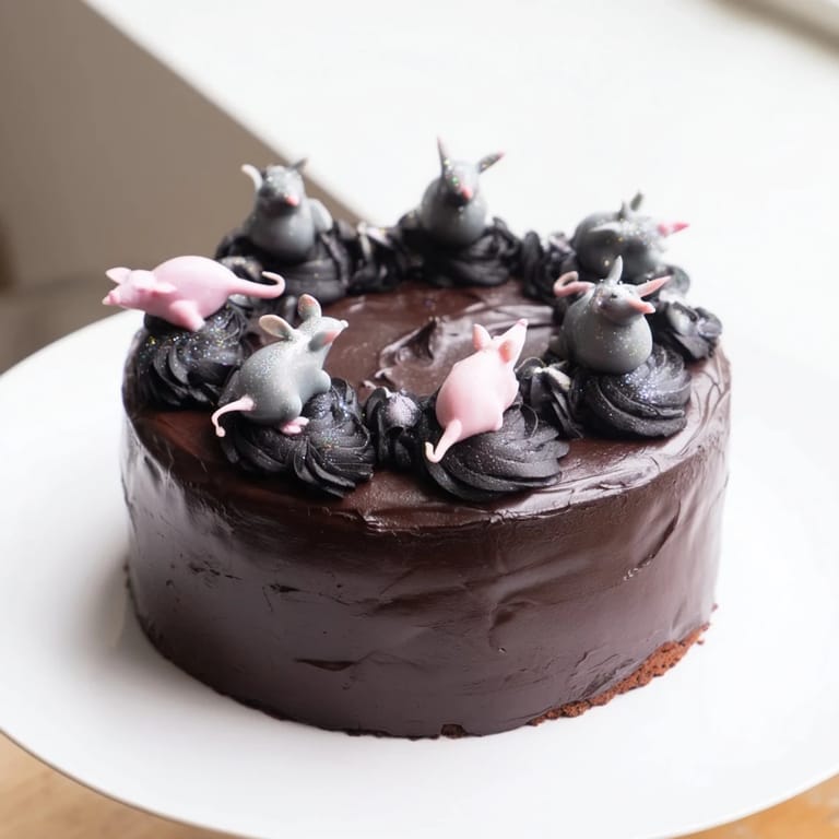 Moist Rat Cake with whipped chocolate ganache, imagined with detailed rat faces, ready to serve.