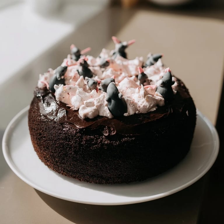 Close-up of a decadent Rat Cake featuring rich dark chocolate and decorative rat figures.