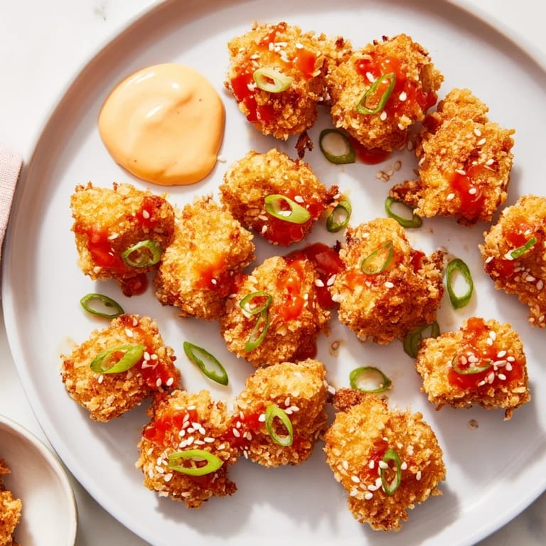 Juicy, bite-sized Bang Bang Chicken pieces tossed in vibrant sauce, ready to be dipped and enjoyed.