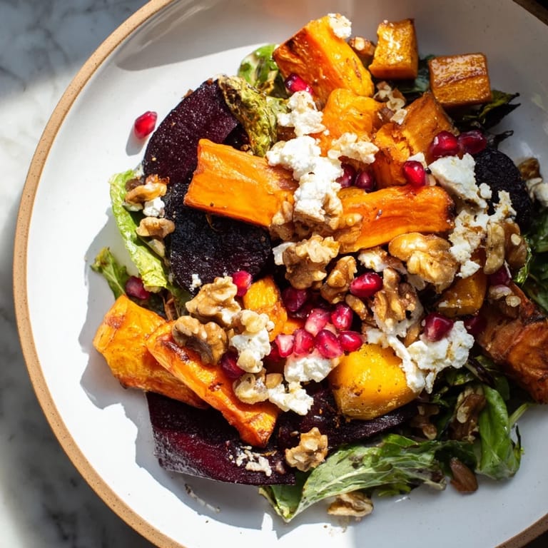 Vibrant image of this seasonal root vegetable & goat cheese salad with toasted walnuts and creamy cheese.