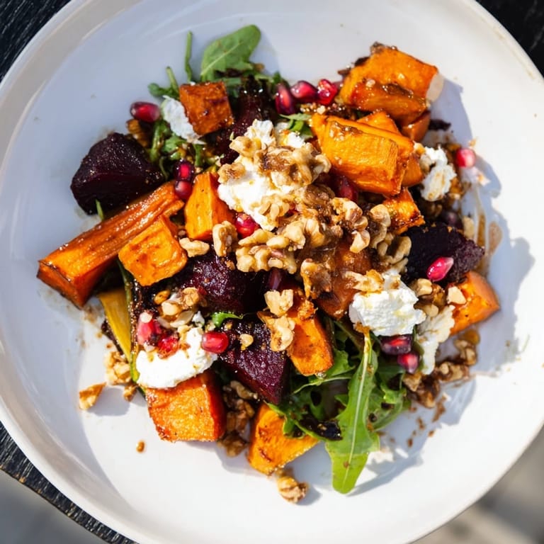 Freshly assembled seasonal root vegetable & goat cheese salad: a colorful feast with balsamic vinaigrette drizzled.