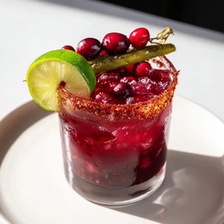 Enjoy a refreshing DIY Cranberry-Pickle Margarita, expertly shaken and served in a chilled glass.