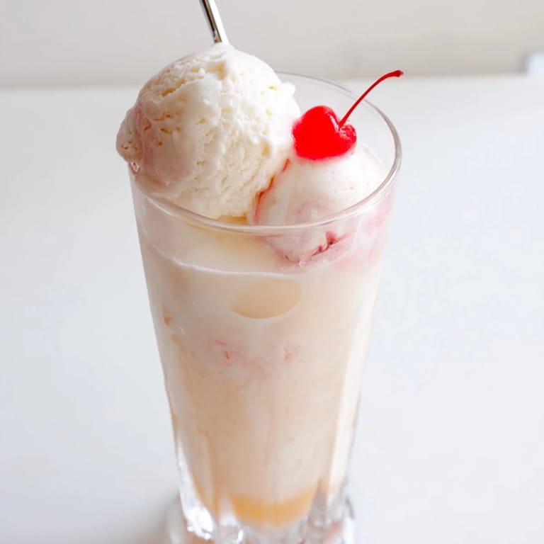 Enjoy a fizzy homemade Cream Soda Float; vanilla ice cream melting into the pink soda.