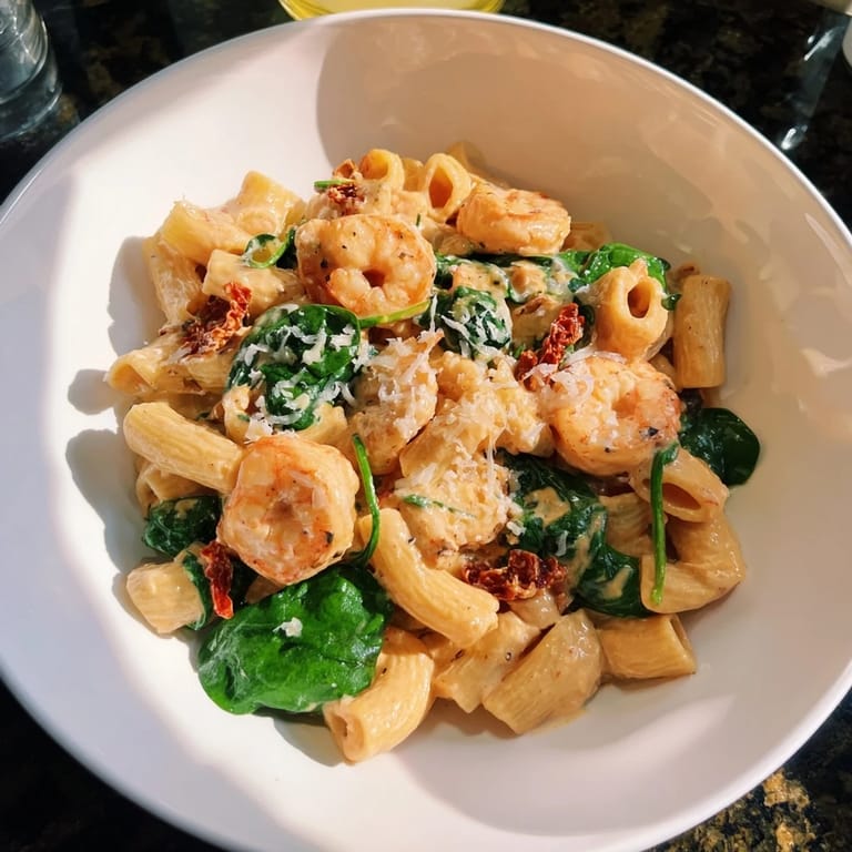 A close-up of steaming one-pot Marry Me Shrimp Pasta, perfect for a comforting dinner.