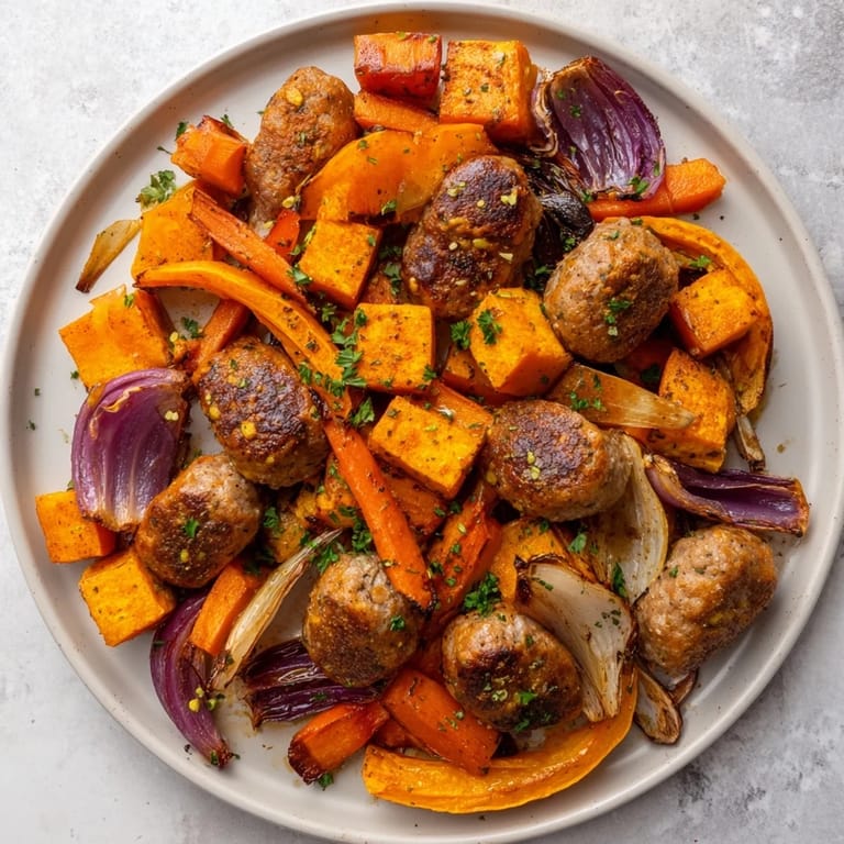 Vibrant Sheet Pan Roasted Sausage, Squash & Root Vegetables, perfectly seasoned and ready for a satisfying gluten-free meal.