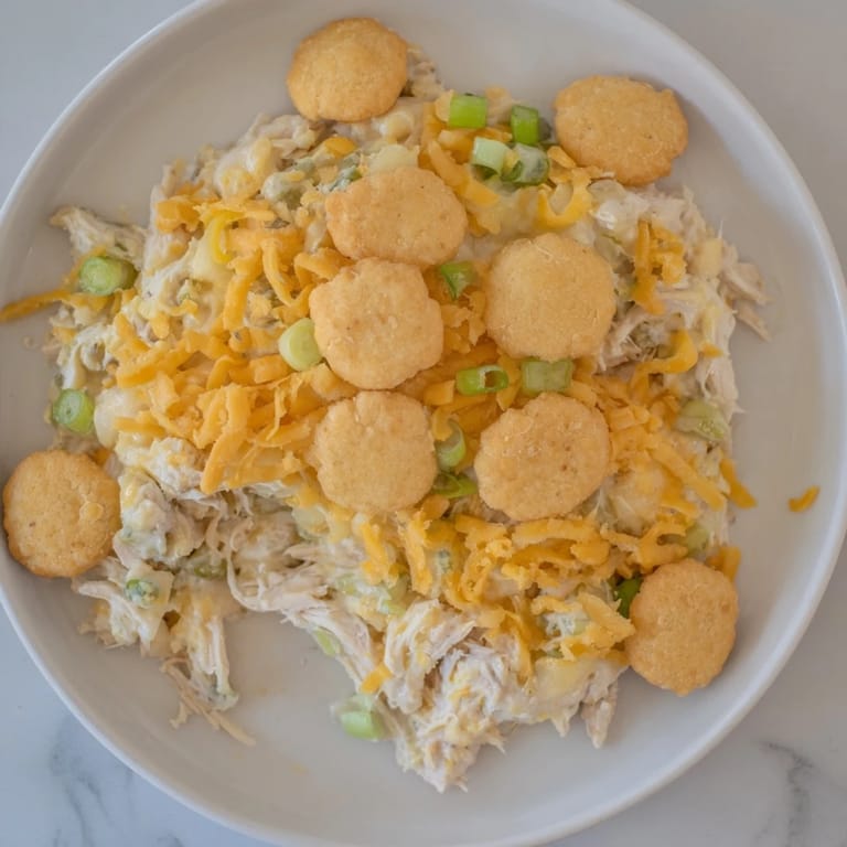 Close-up of a flavorful Neiman Marcus-Style Chicken Casserole with a vibrant, appetizing appeal.