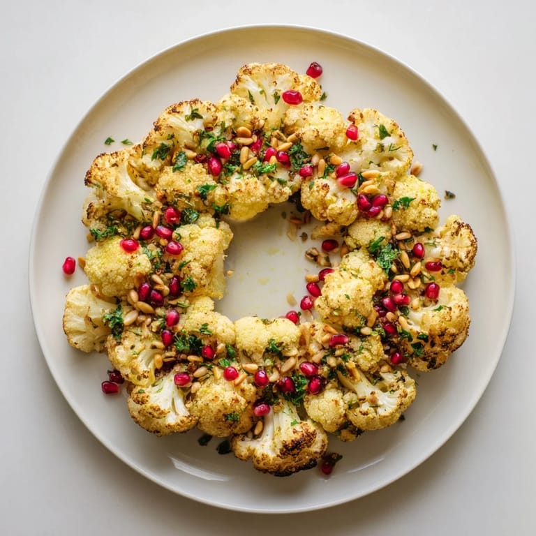 Vibrant overhead shot of a roasted garlic and herb cauliflower wreath ready to serve, smelling delicious.