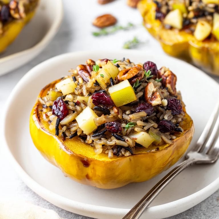 Savory wild rice stuffing overflowing from roasted acorn squash, with a glossy maple sriracha glaze.