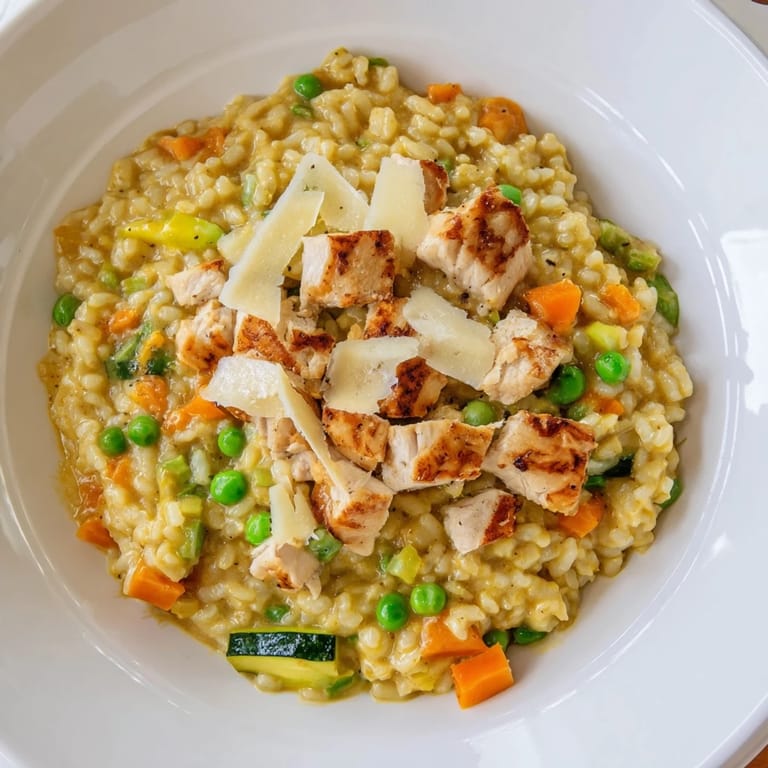 A steaming bowl filled with Japanese Curry Risotto, garnished with Parmesan and savory turkey.