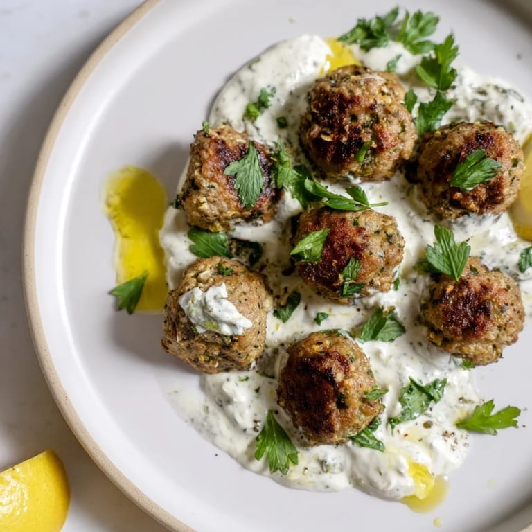 Tender Garlic Herb Lamb Meatballs served on a platter, complemented by tangy zaatar yogurt and lemon wedges.
