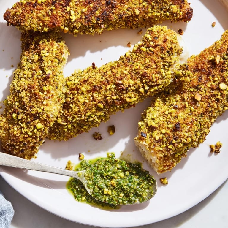 Beautifully plated pistachio crusted turkey tenders, a gluten-free and flavorful main dish accompanied by chimichurri.