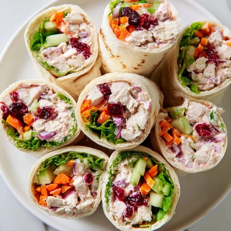 Savory Cranberry Relish Chicken Salad Wraps, ready to eat, with colorful vegetables spilling out.