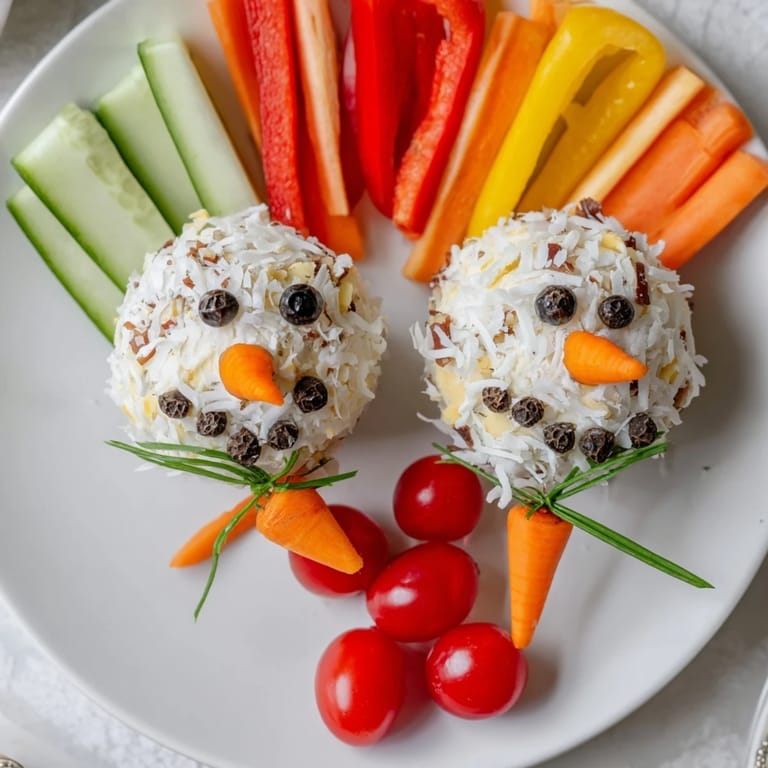 Delightful close-up showcasing adorable cheeseball snowmen decorated for the holidays, ready to be enjoyed.