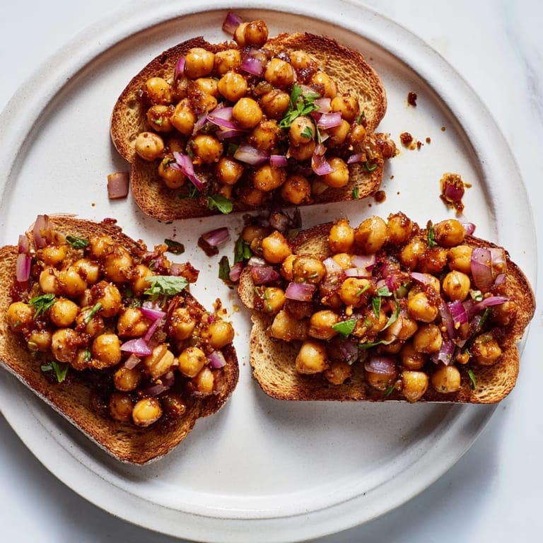 Golden, toasted bread piled high with smoky BBQ chickpeas, garnished with fresh herbs, a mouthwatering vegan meal.